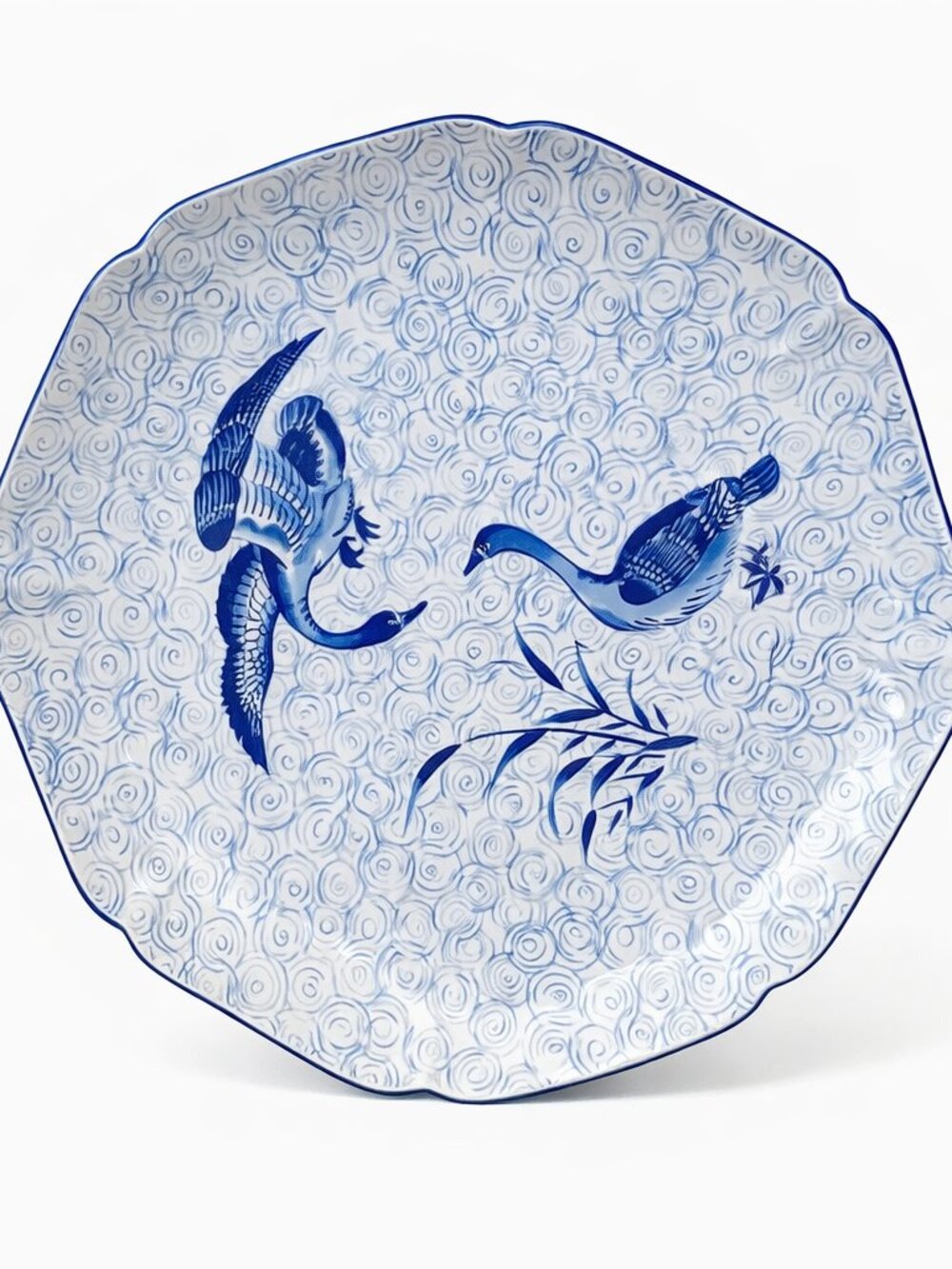 Vintage Yamaji Blue Porcelain Plate 10” | Blue Geese | Scalloped Edges